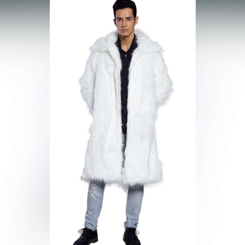 Men's Long Sleeve Fluffy Faux Fur Coat Winter Warm Long Soft Jacket Outerwear